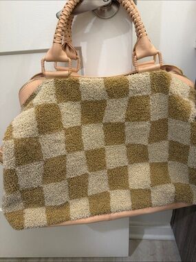 Cleobella Checkerboard Sherpa Tote in Beige and Tan